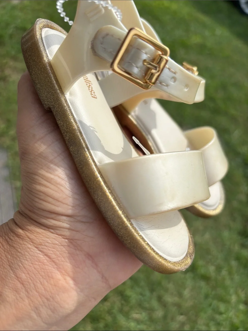 Mini Melissa Cream Jelly Sandals with Gold Buckles